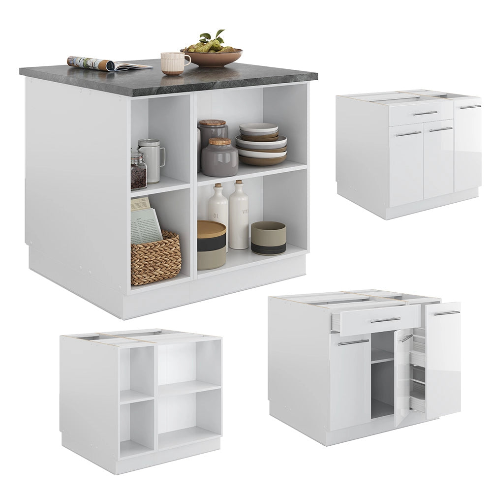 Isola cucina Fame-Line Bianco lucido/Bianco 90 cm con cassetto, senza piano di lavoro Vicco