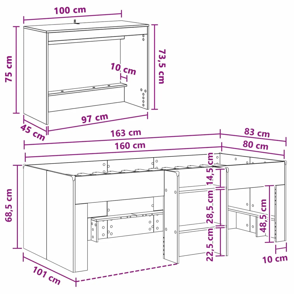Letto alto per bambini con scrivania 2 pz Rovere Fumo 3423466
