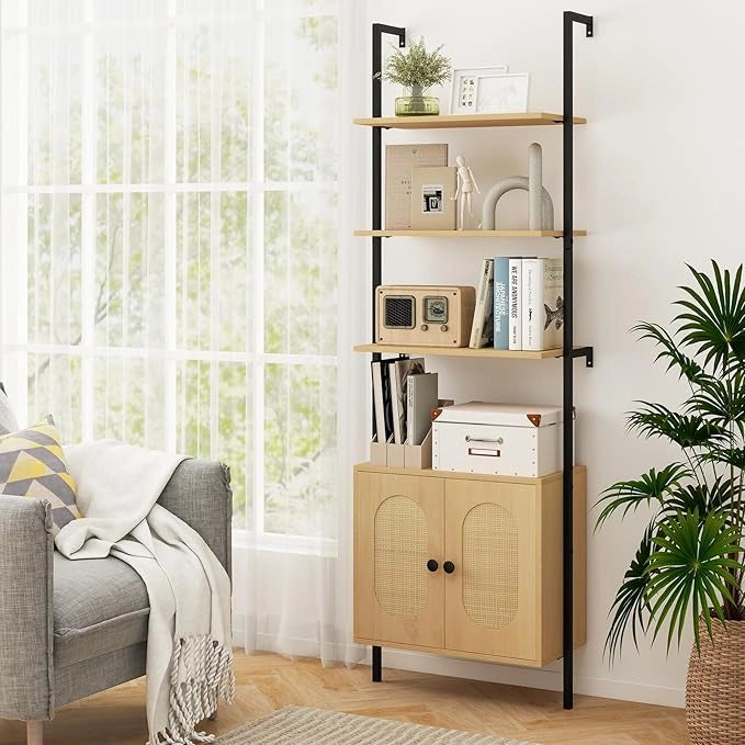 Scaffale Salvaspazio 60 x 30 x 184 cm, Libreria a 3 Livelli con Ripiano Regolabile, Struttura in Metallo, Armadietto in Rattan e Scaffale Aperto, Mobile Bagno per Soggiorno e Ufficio