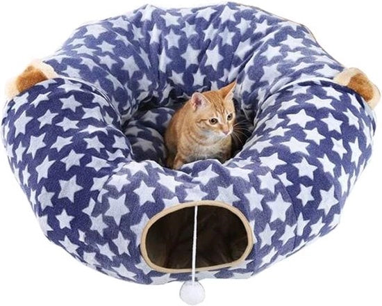 Tunnel per gatti, letto per gatti, giocattolo per gatti, letto per gatti, pieghevole, rimovibile, letto morbido per gatti, tunnel per gatti, giocattolo e letto, 2-in-1 gioco interattivo per gatti (luna piena, blu)