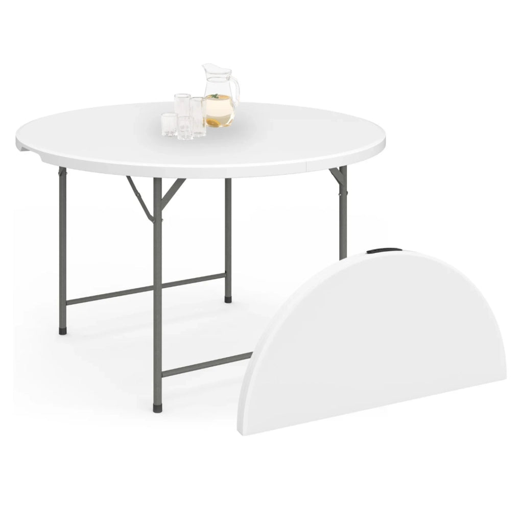 IDMarket - Tavolo rotondo pieghevole portatile da 122 cm per il campeggio o il divertimento con copertura bianca