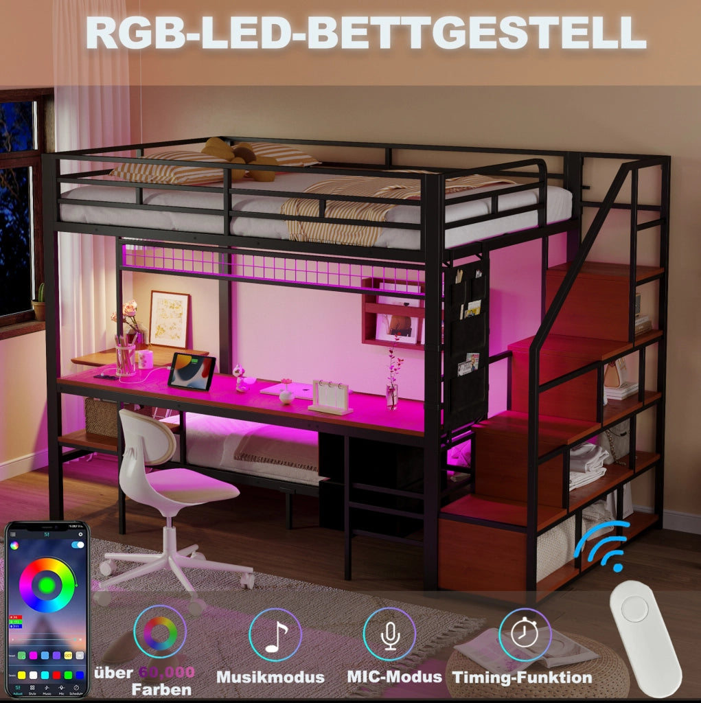 Letto a soppalco 140x200/90x200 con scrivania LED nero