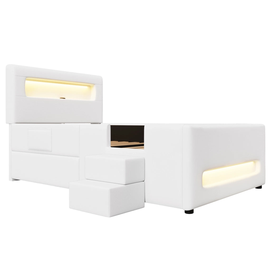 Letto Singolo 90x200 cm con Cassetti; LED e Rete a Doghe - in PU e MDF - Bianco