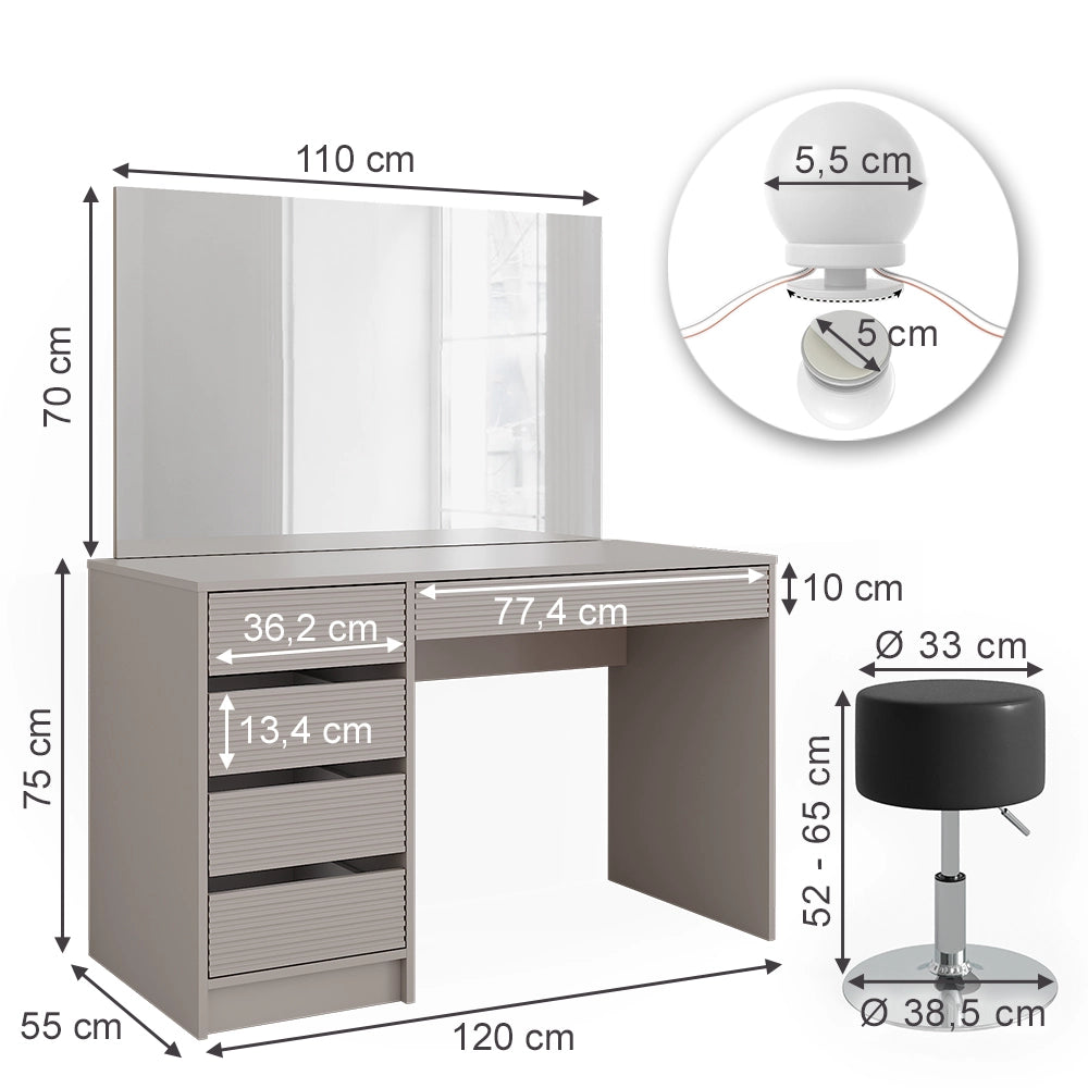 Vicco Tavolo da toilette Cachemire 120 cm con specchio, sgabello e illuminazione a LED
