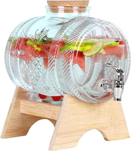 Dispensatore di Bevande in Vetro con Standard in Legno e Rubinetto Antisbavatura - Ideale per Bevande Freddi, Feste e Barbecue
