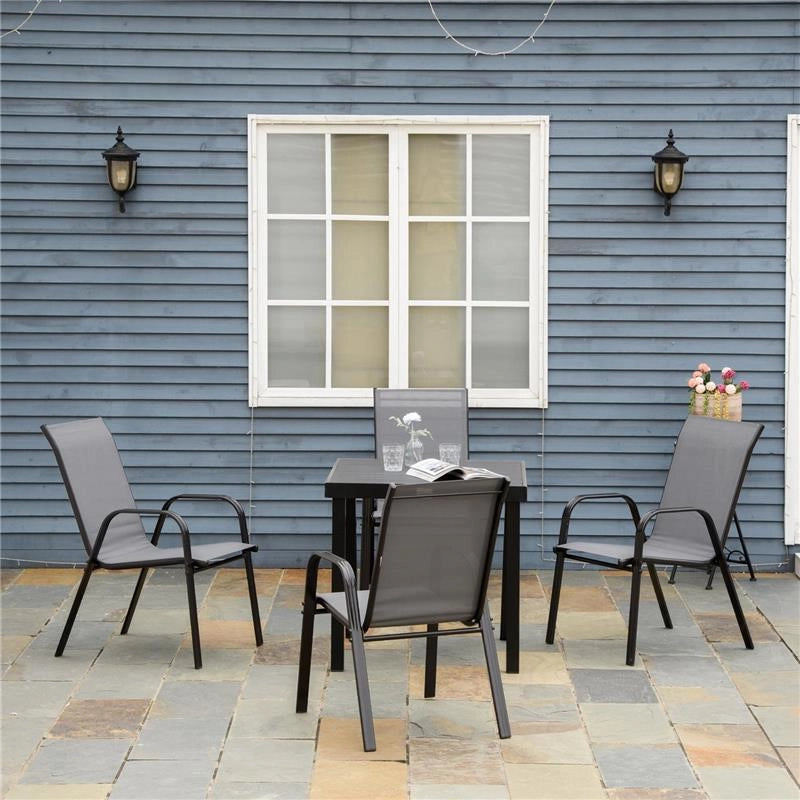 SET 4 SEDIE DA GIARDINO IMPILABILI E SALVASPAZIO CON BRACCIOLI IN METALLO E TESSUTO A RETE, GRIGIO