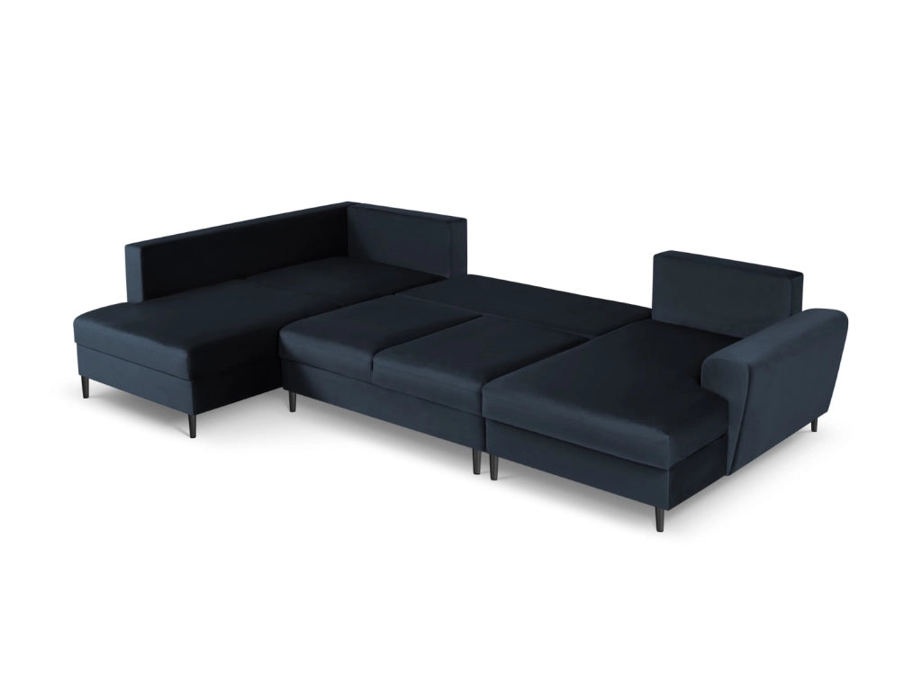 Cosmopolitan Design - Divano panoramico convertibile sinistro con contenitore "Kyoto" 7 posti in velluto blu scuro 