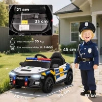 Macchina Elettrica per Bambini della Polizia con Telecomando, Clacson e Musica Integrata, 96x60x45 cm