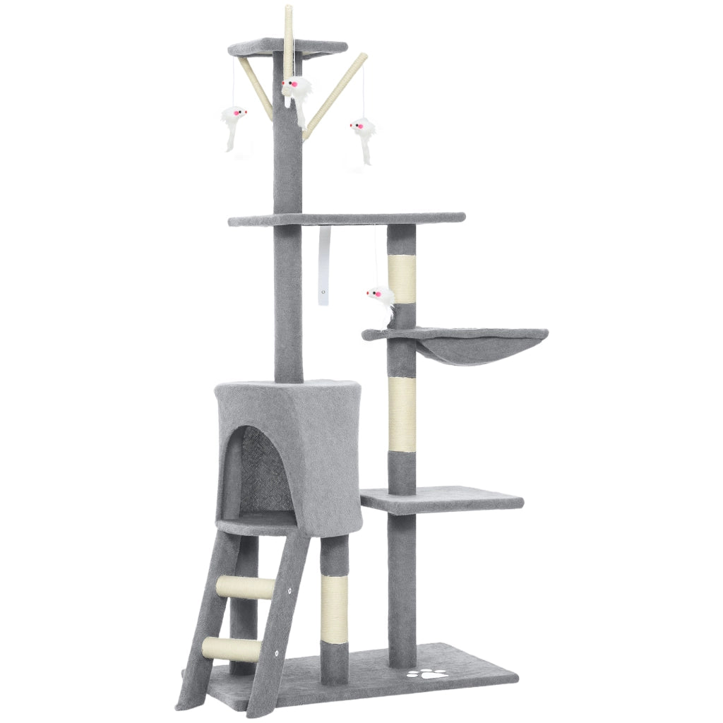Albero Tiragraffi 60x35x134 cm Torre per Gatti con Casetta Trespolo Piattaforme e 4 Topolini in Legno Peluche e Sisal