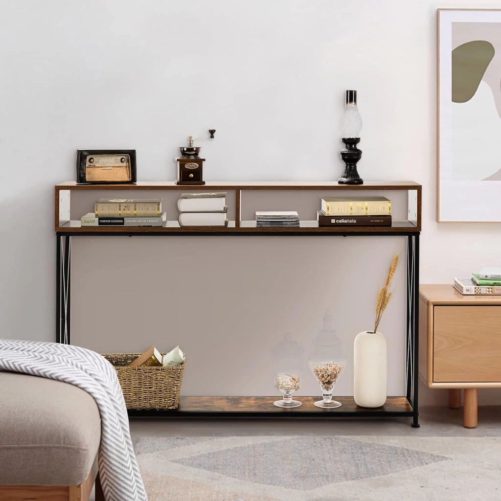 Tavolo Consolle Ingresso, Tavolini Stretto a 3 Ripiani, Salvaspazio e Multiuso, in Ferro, Industriale, Portata di 45 kg, 120x23x79cm, 3 Colori Disponibili, Nero/Bianco/Marrone