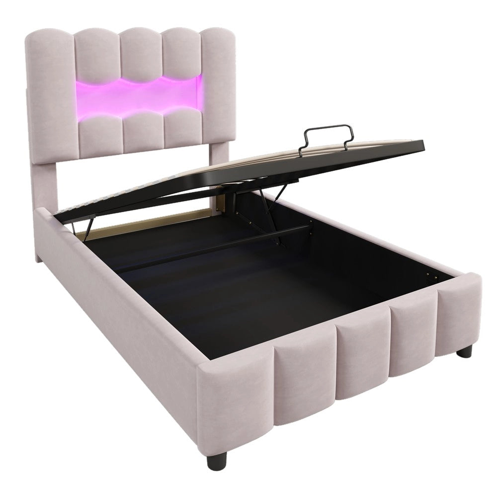 Letto Imbottito con Contenitore e LED ¨C MINIMAL ¨C Velluto Rosa 90x200