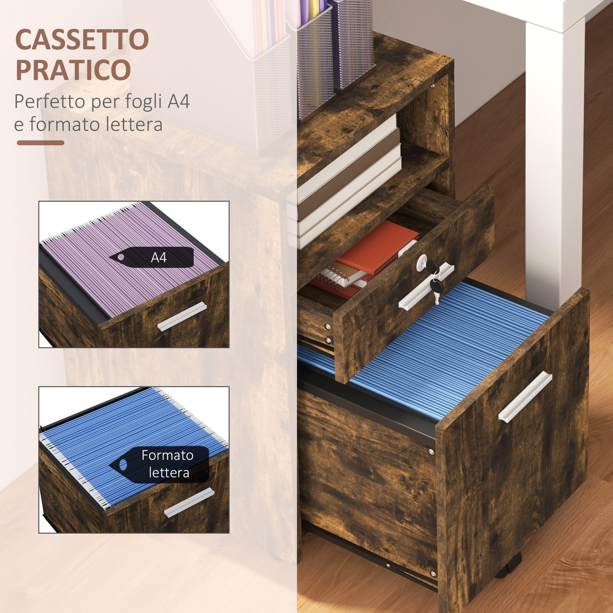 Cassettiera da Ufficio Portadocumenti con Serratura 39x40x65 cm in Legno Marrone
