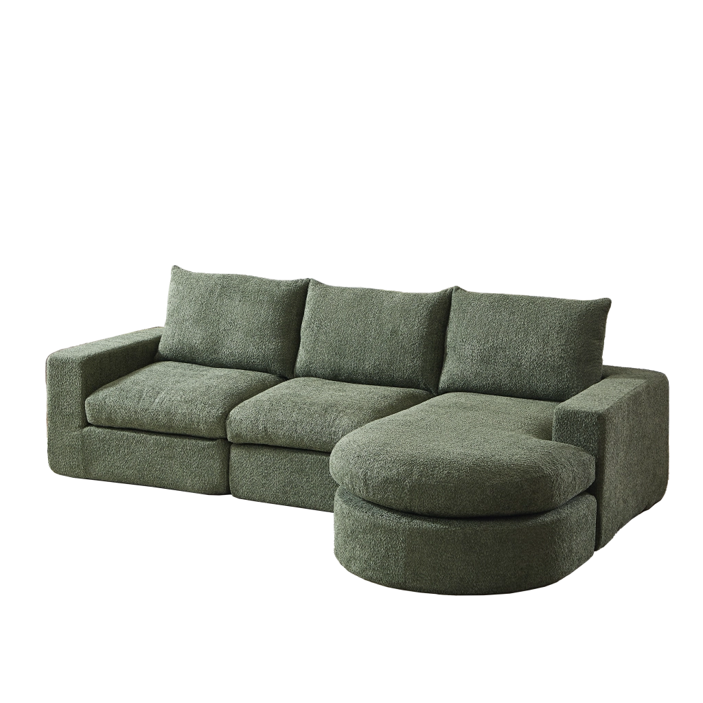 Divano Ad Angolo Reversibile Modulare 4 Moduli con cuscini e poggiatesta in Chenille Verde