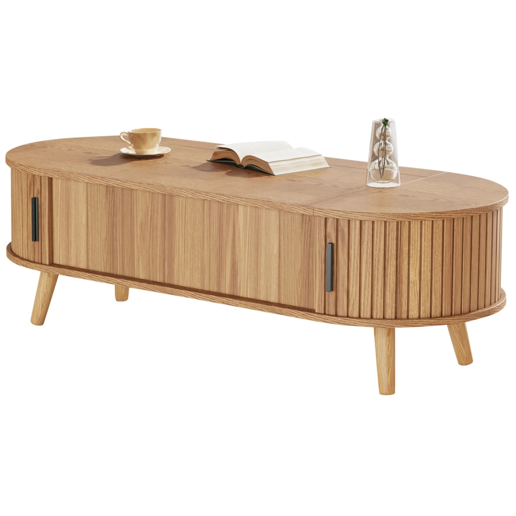 Tavolino da caffè sollevabile 120x50 cm in MDF effetto legno naturale; con contenitore nascosto