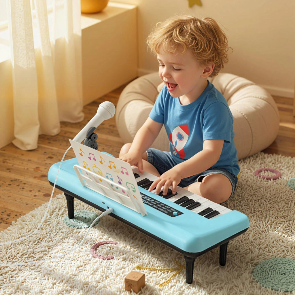 Pianola bambini 37 tasti microfono leggio portatile musicale, Pianola gambe staccabili digitale educativo ragazzi ragazze 3+ anni Blu