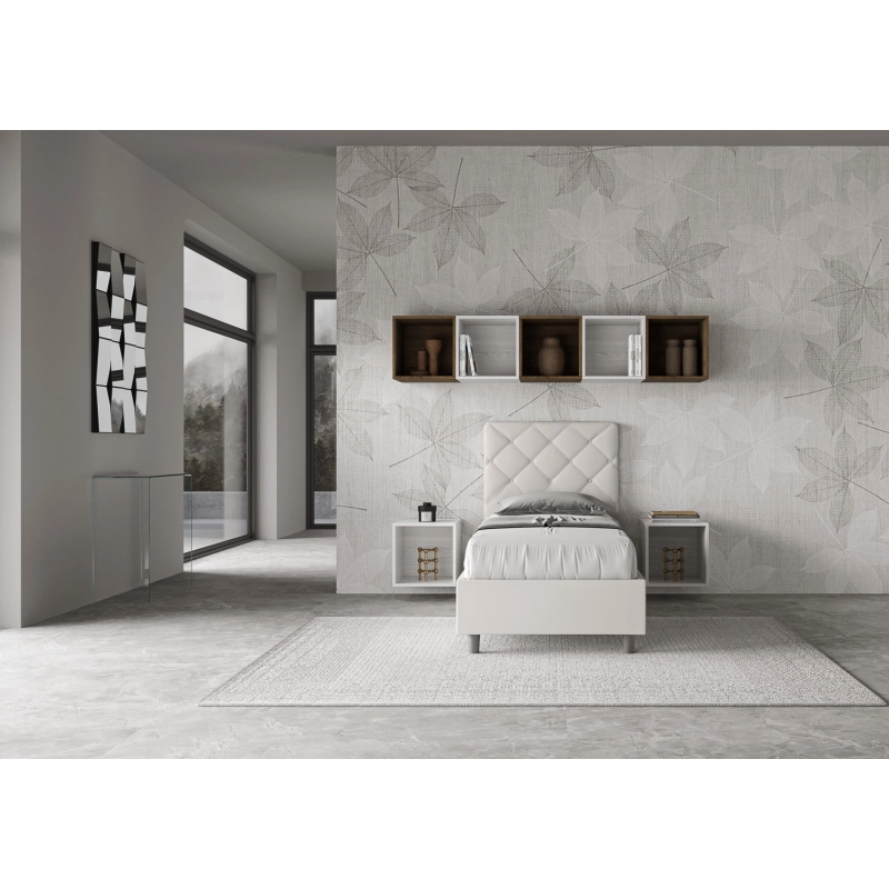 Letto imbottito Singolo 80x210 cm Priya - Bianco,Similpelle,Contenitore