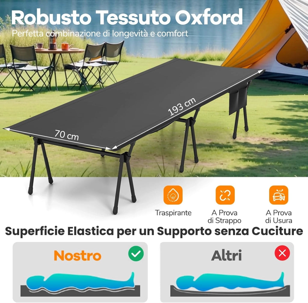 2-in-1 Brandina da Campeggio, Letto Pieghevole e Portatile con Estensori per Gambe, Tasca Laterale e Borsa da Trasporto, Lettino Regolabile in Altezza per Viaggio e Spiaggia, Portata 15 kg