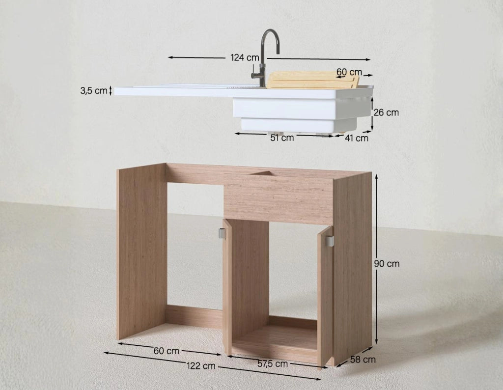 Mobile coprilavatrice Pulsa Sx - Con 2 anta e lavatoio - Contenitore salvaspazio per bagno e lavanderia - Lavatrice non inclusa - Virginia - 124x93x60 cm_