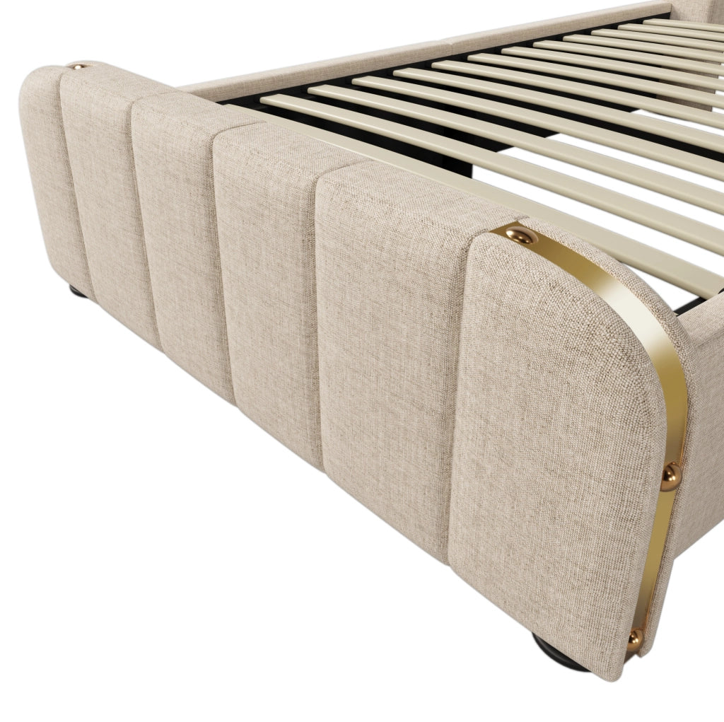 Letto singolo contenitore 90x200 cm con USB C e USB; testiera imbottita in lino beige