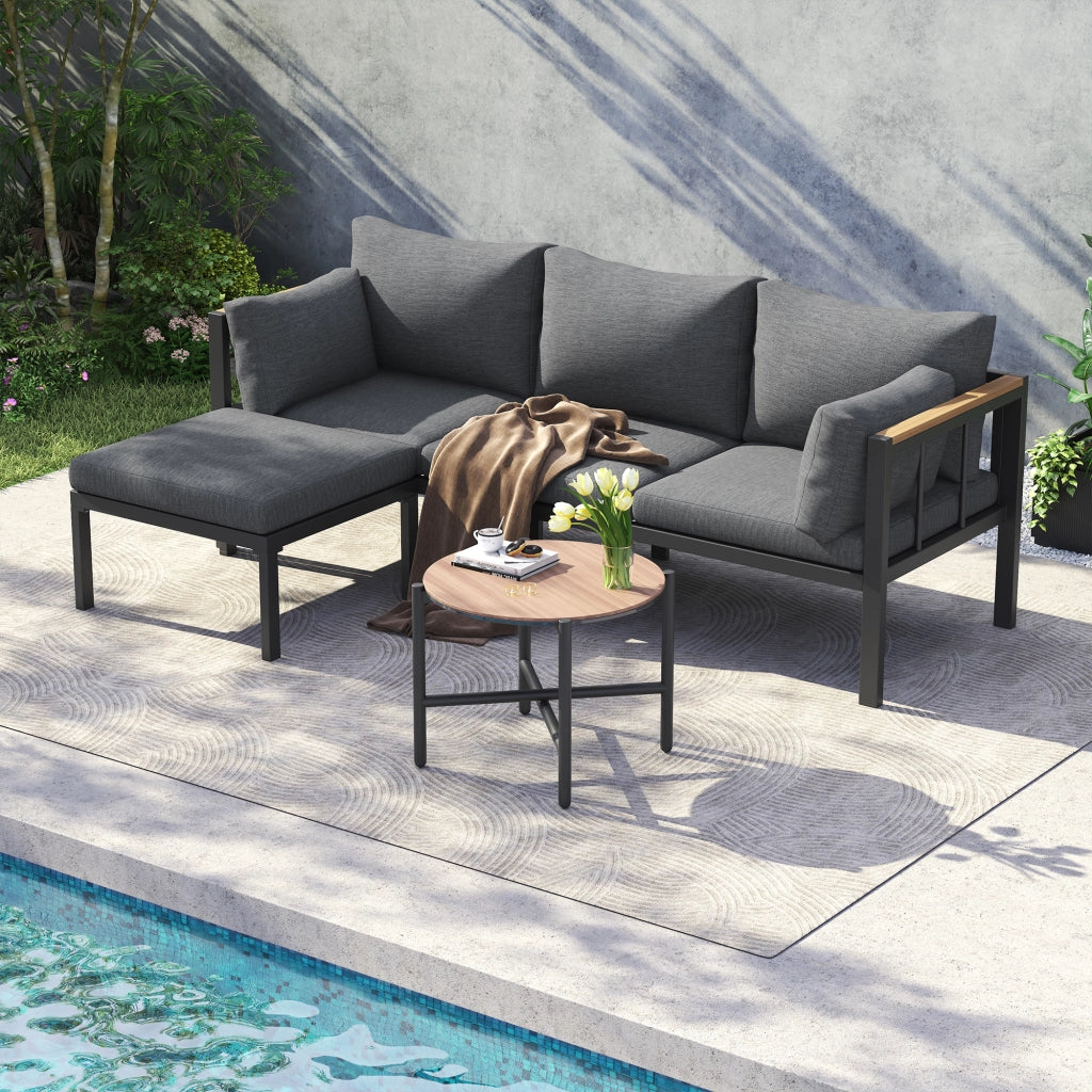 Set mobili giardino: Divanooo angolare + Divanooo + tavolino + poggiapiedi; acciaio zincato; vetro; grigio