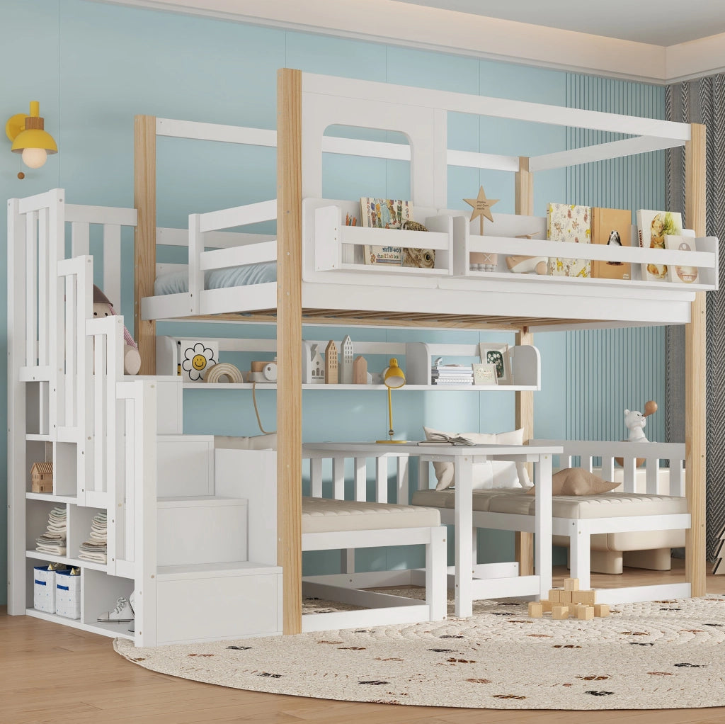 Letto a castello per bambini 90x200 cm con tavolo pieghevole e scala contenitore