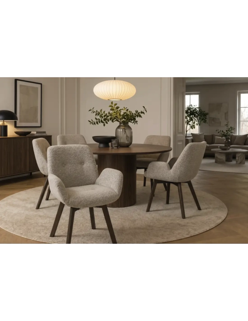 Set di 2 sedie design SORRANO girevoli a 360° in tessuto tweed taupe e piedi in rovere scuro