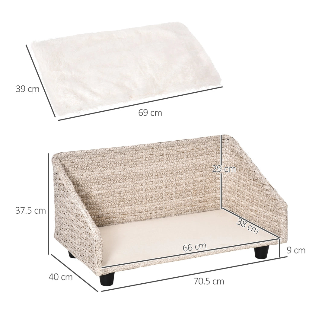 Easycomfort Cuccia per Cani e Gatti Rialzata in Rattan con Cuscino Lavabile Bianco, Lettino per Animali da Interno, 70.5x40x37.5cm, Beige