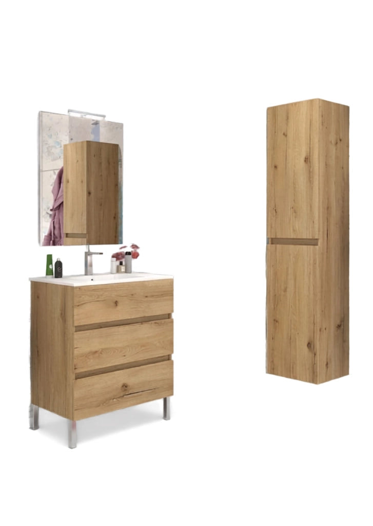 Mobile da Bagno a Terra con Lavabo 80 cm e Specchio Bali Light Rovere Miele