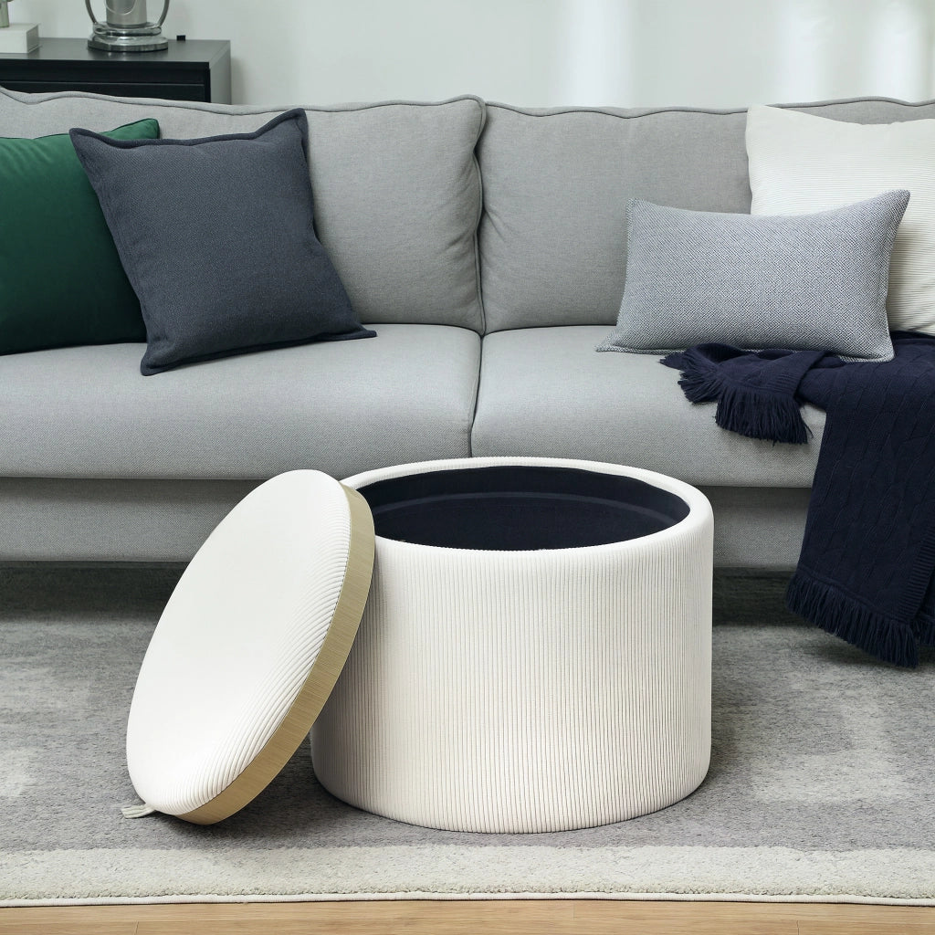 Pouf contenitore rotondo ¨C Xylo ¨C Tessuto a coste crema con vano portaoggetti