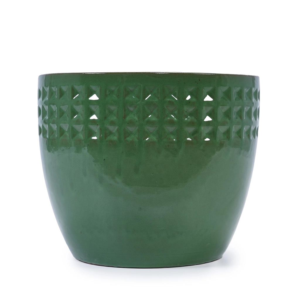 Vaso per piante in ceramica smaltata verde antico con foro di drenaggio per interni ed esterni