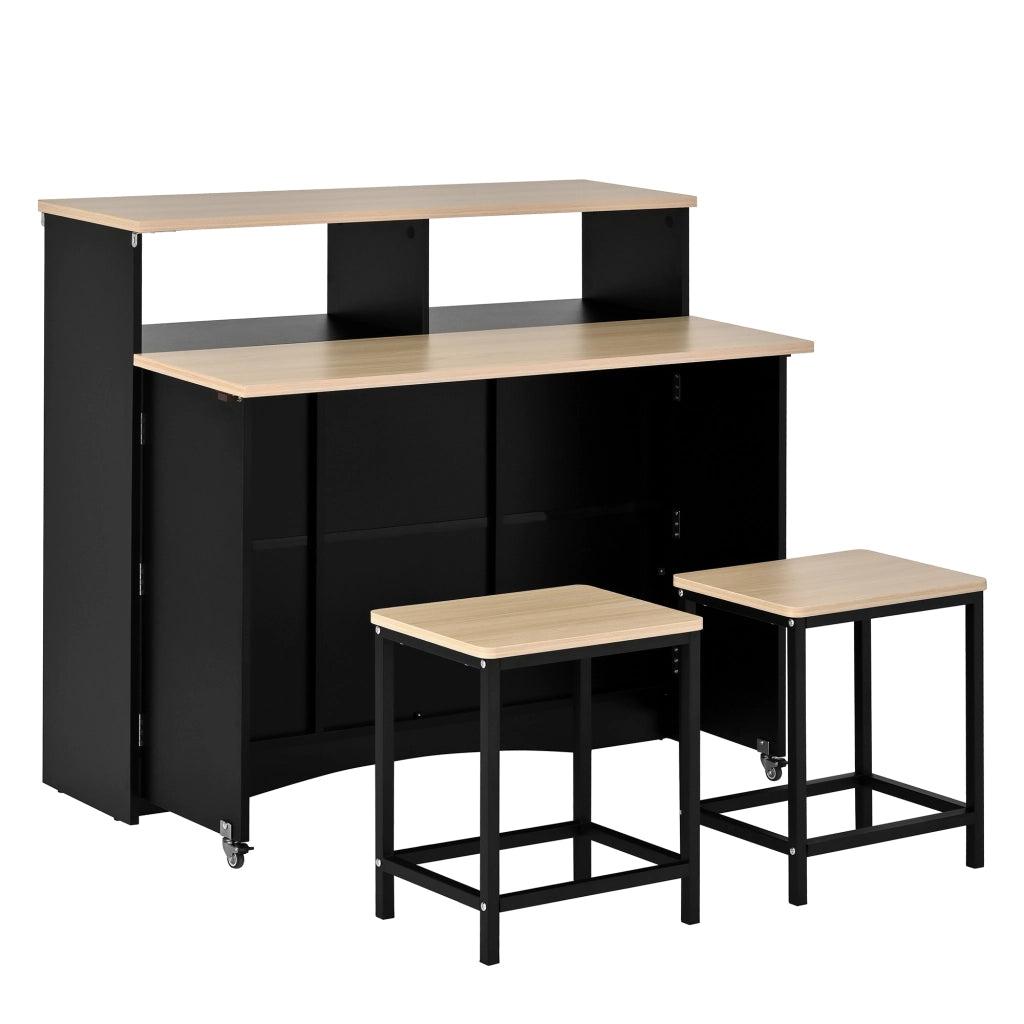Isola Cucina con Ruote e Piano Allungabile ¨C MINIMAL ¨C Nero, con Sedie e Contenitore