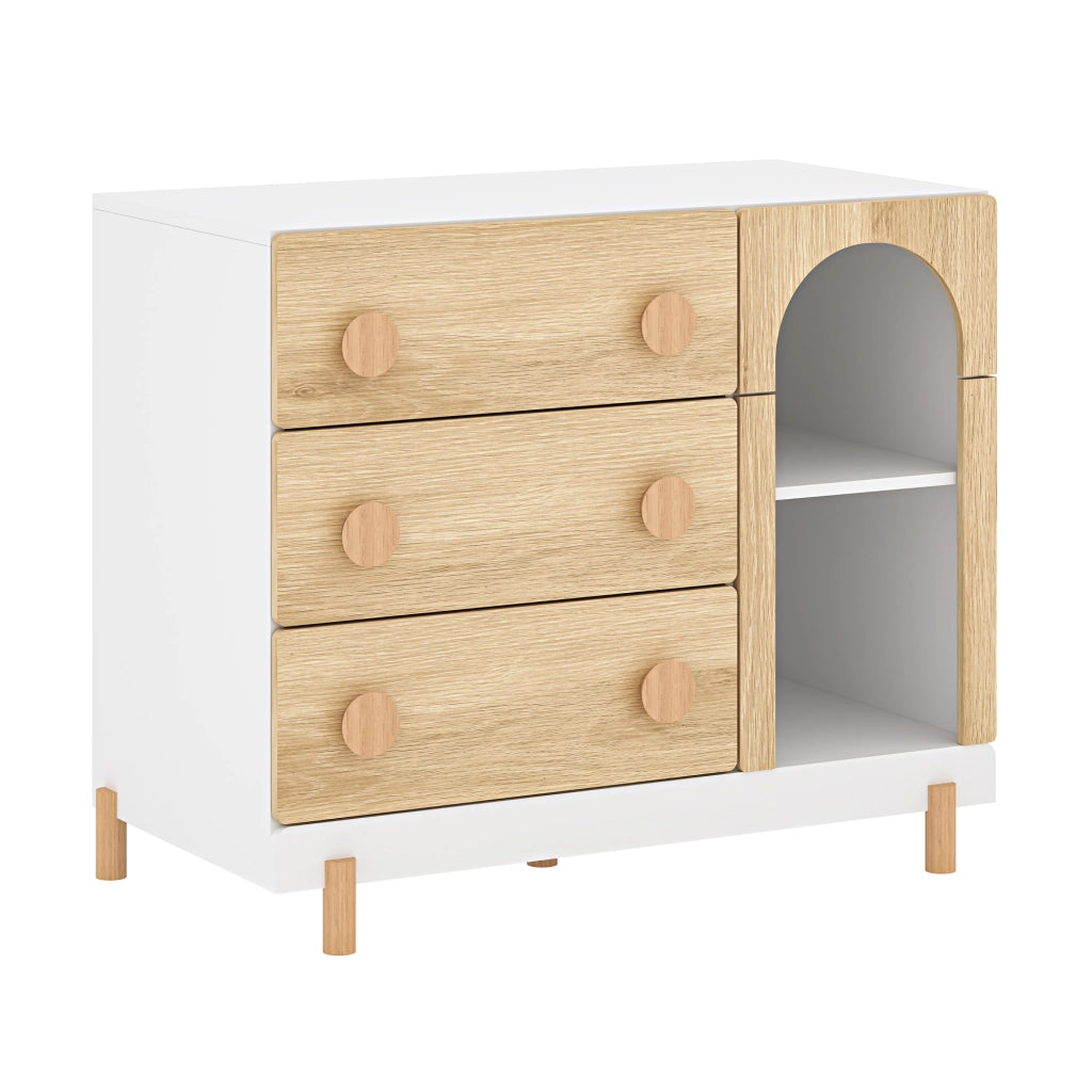 Cassettiera Vaarentaa per Cameretta con 3 Cassetti e 2 Vani Aperti 79x41x66 cm - Bianco/Effetto Rovere [en.casa]