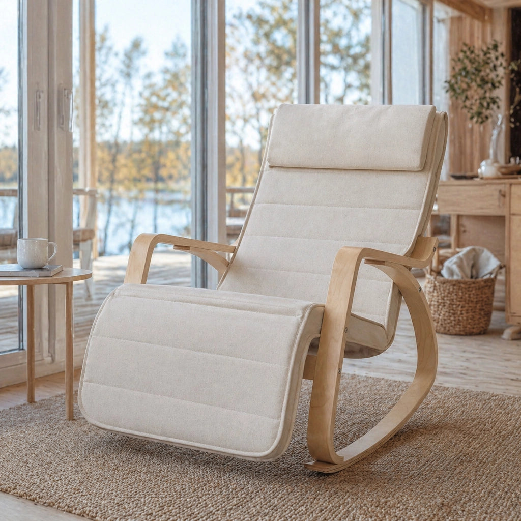 Sedia A Dondolo Reclinabile In Legno E Metallo Con Poggiapiedi Poltrona Regolabile 5 Posizioni Per Balcone Giardino Interno Esterno 121.5 x 55 x 84 Cm Beige