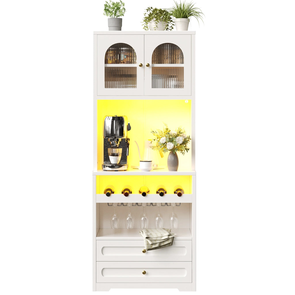 Hochschrank bianco con ante in vetro curve, LED smart, portabottiglie e USB 70x40x180 cm