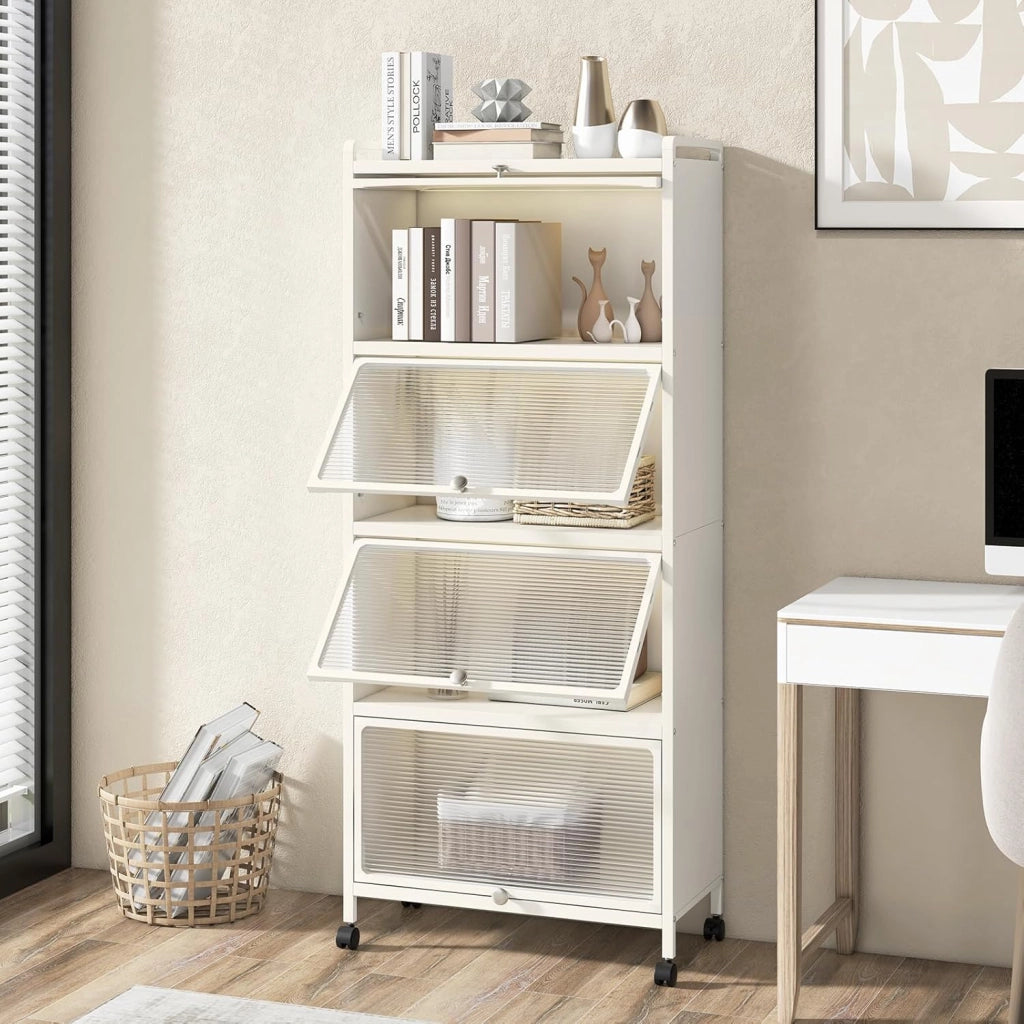 Mobile Dispensa Cucina a 5 Livelli, Mensola Microonde con Anta a Vista, Ruote, Dispositivo Antiribaltamento, Scaffale da Cucina in Ferro per Soggiorno, Sala da Pranzo, 60x32x154cm (Bianco)