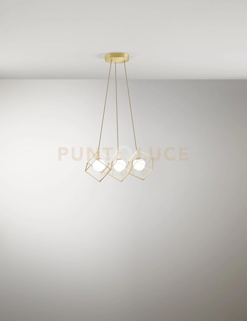 Sospensione in metallo colore oro Cube  3 luci attacco G9 d.45cm