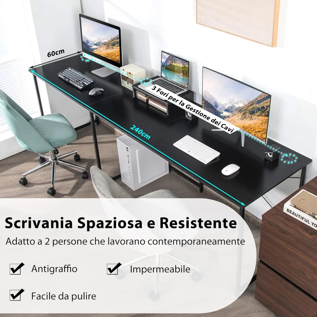 Scrivania Angolare per Computer con Supporto per Monitor, Scrivania Porta PC in Legno, Scrivania Salvaspazio e Moderna per Ufficio e Studio, 240 x 60 x 74 cm (Nero)