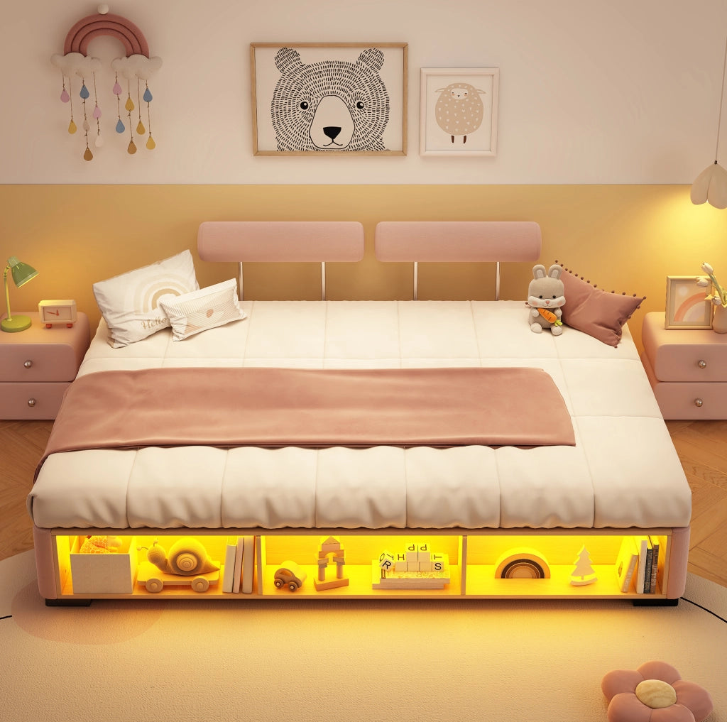Letto Polster per Bambini Rosa 140x200 cm con Libreria Laterale e Luce a LED