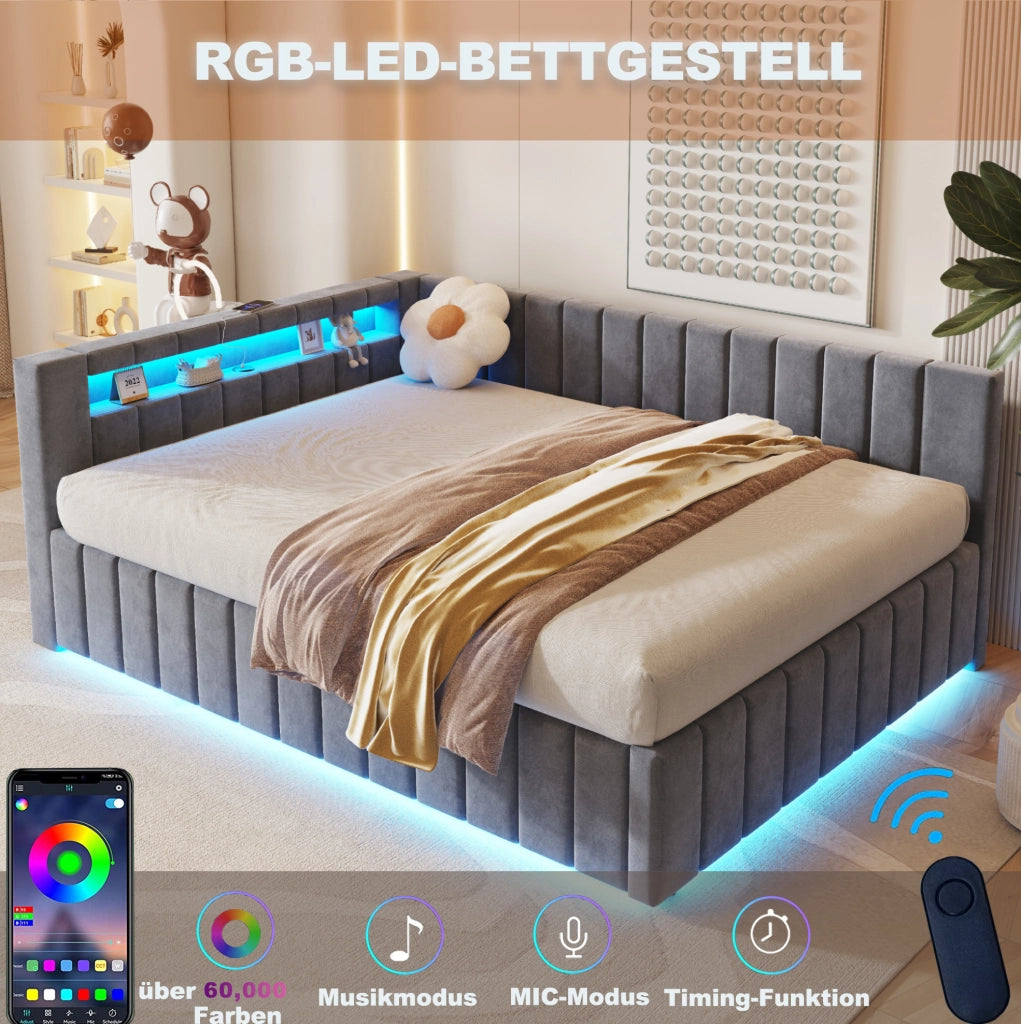LETTO Contenitore 140x200 cm in velluto grigio con LED e USB