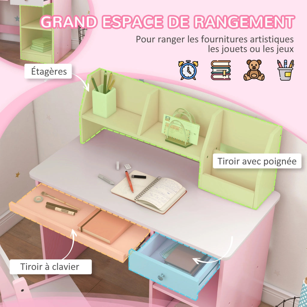 Scrivania bambini con sedia ergonomica cassetto ripiano tastiera 90x45x90 cm ¨C Xylo ¨C Rosa
