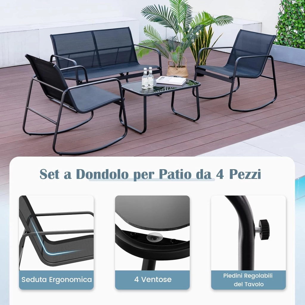 Set da Giardino 4 Pezzi in Tessuto Textilene, Set da Bistrò da Patio, Set tavolo e sedie con Tavolino in Vetro, 2 Sedie e Divanetto a Dondolo, per Giardino Coltile (Nero)