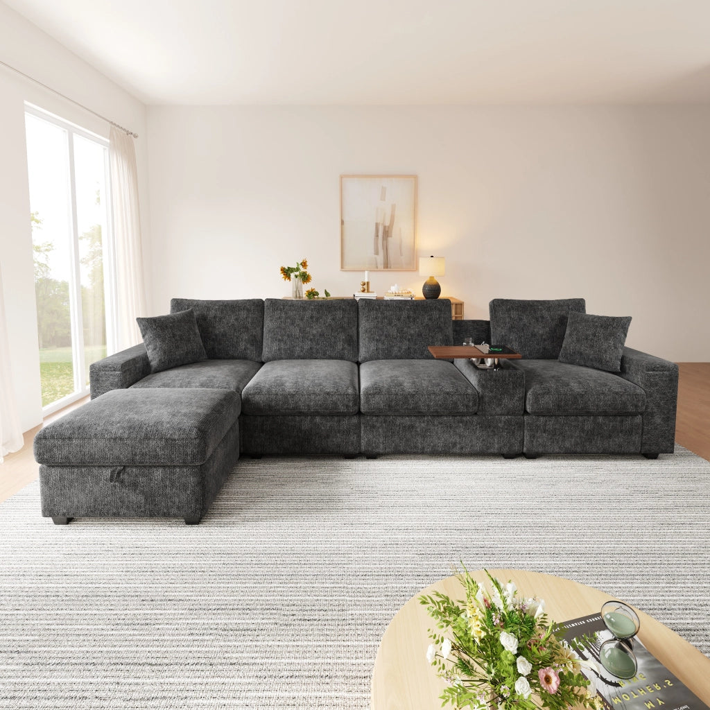 DIVANO angolare modulare 313x147x82 cm Chenille grigio
