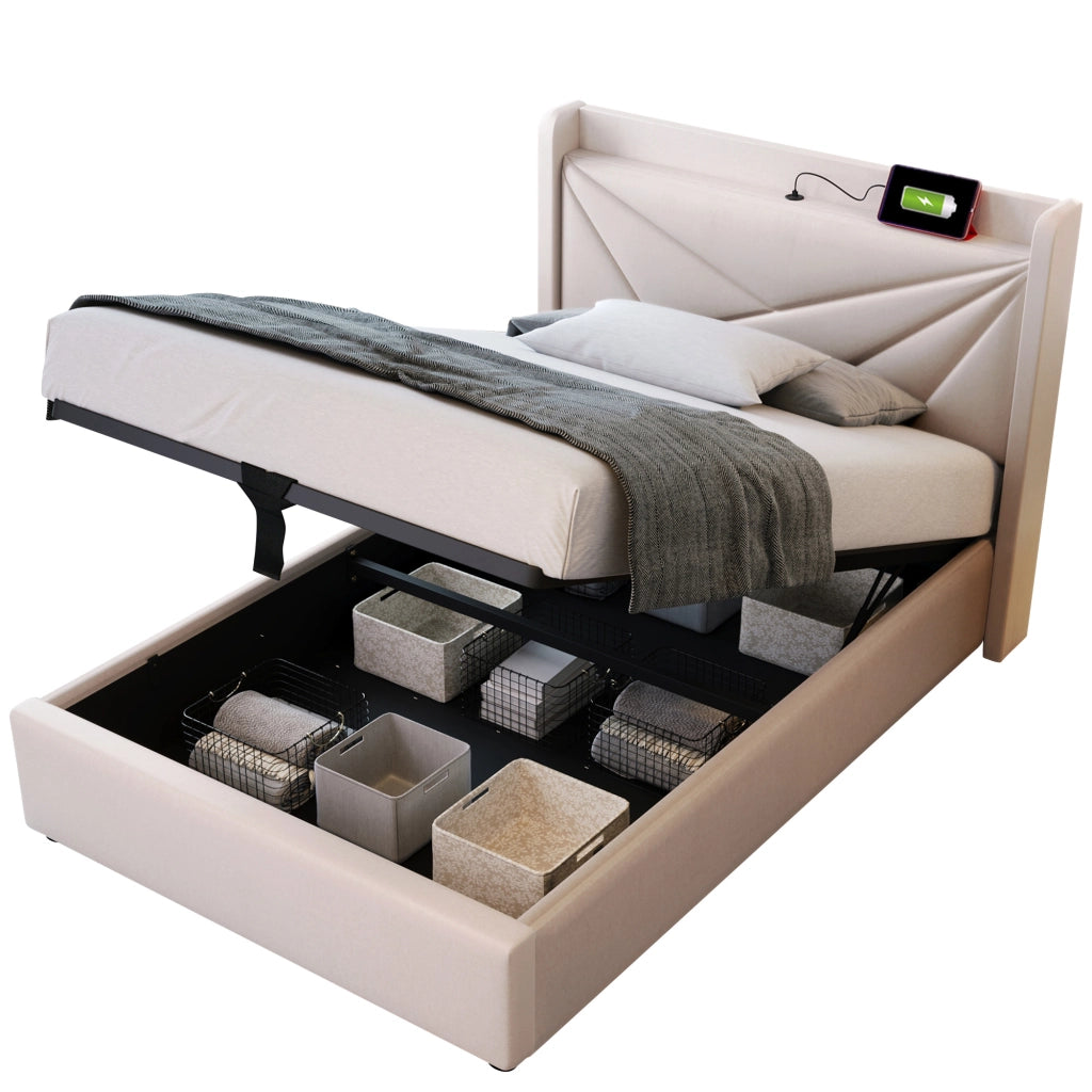 OKWISH Letto Contenitore 90×200 cm, Letto Singolo con USB, Tipo C e Testiera, senza Materasso, in Lino Cotone, Beige