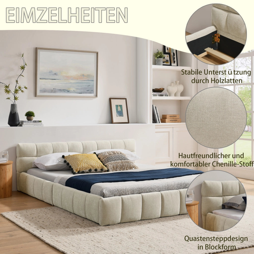 Letto Matrimoniale 160x200 cm; in Chenille con Struttura in Legno e Ferro Beige
