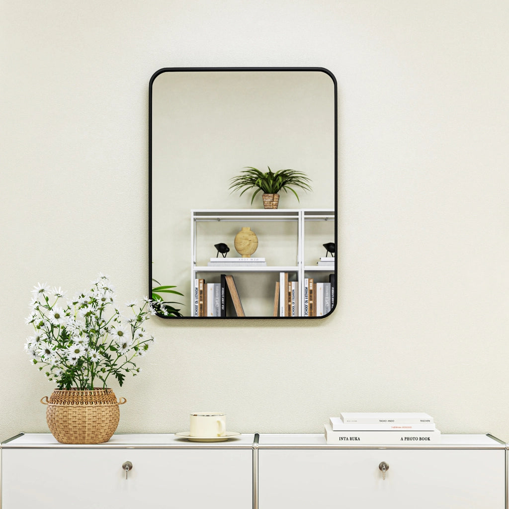 Specchio Bagno con Cornice in Metallo e Gancio, 60x2.5x80 cm, Nero