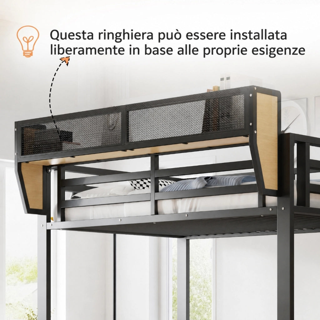 Letto a soppalco 90 per 200 cm con scala di sicurezza e striscia LED, metallo e MDF, nero