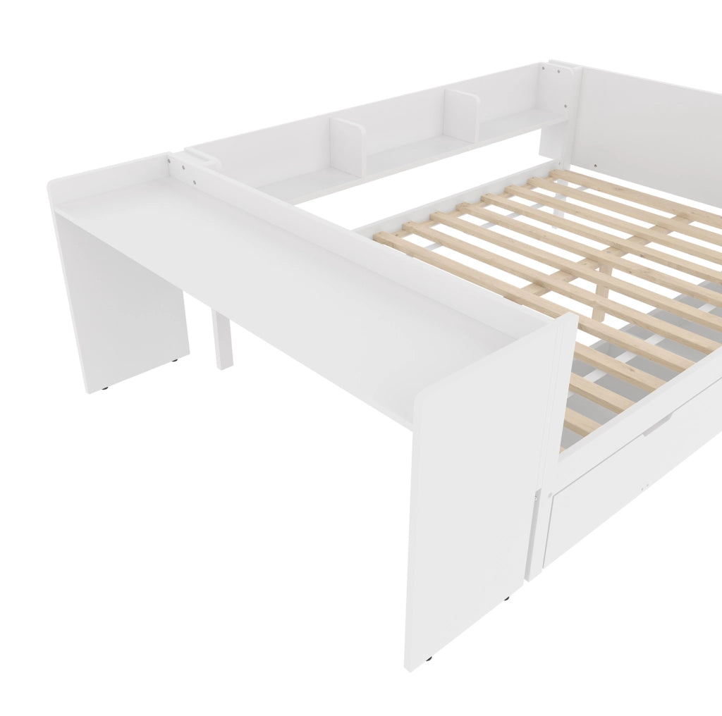 Letto multifunzione 140x200 cm con scrivania, ripiani e 2 cassetti