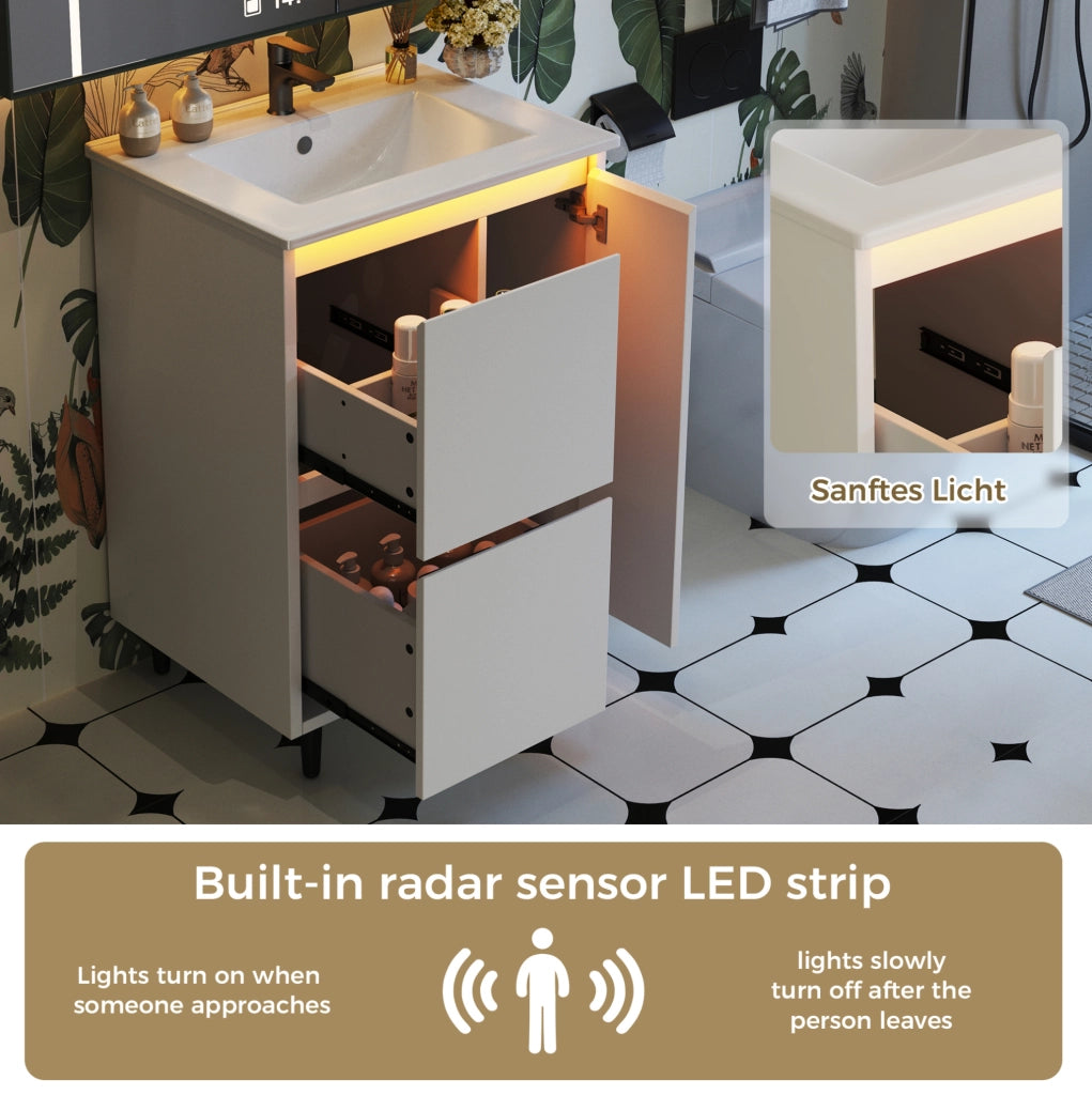 Mobile bagno freestanding con lavabo in ceramica e doppio cassetto