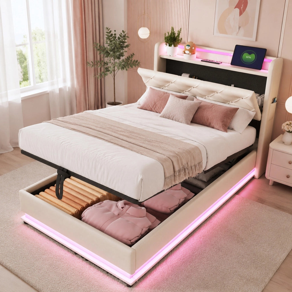 Letto imbottito per bambini 90x200 cm beige con LED e USB