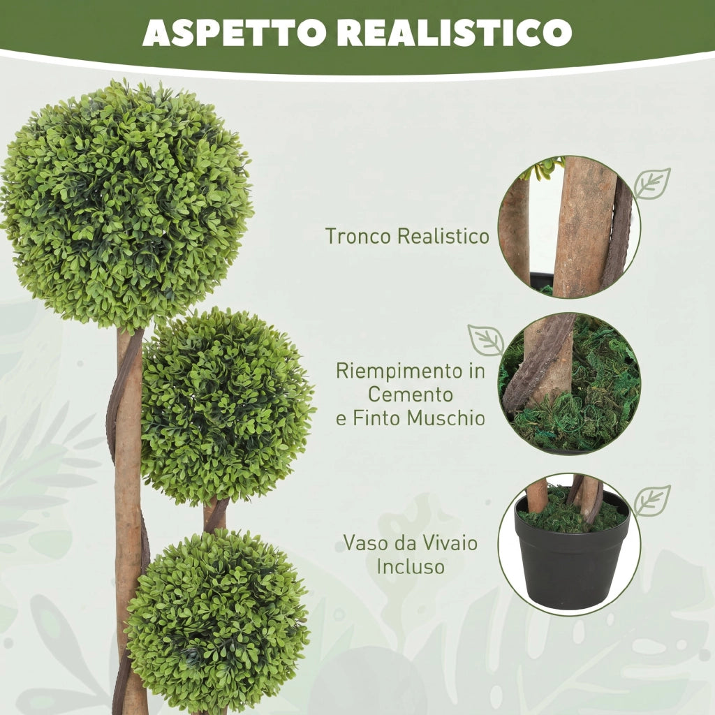 Set 2 Piante di Bosso Artificiale a 3 Sfere, con Vaso e Fondo Rinforzato, Altezza 90 cm, per Interno ed Esterno